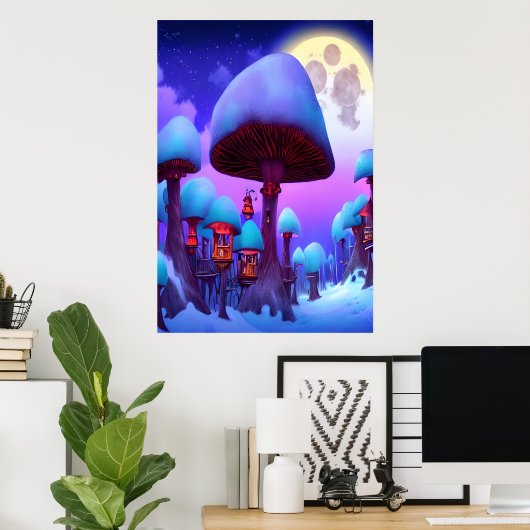 Poster Forêt de champignons, nuit, lune, neige | Art AI (Bureau à domicile)
