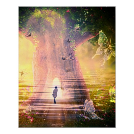 Poster Forêt de la rivière Surreal de papillons (Devant)