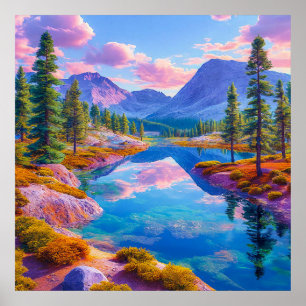 Poster 💙 Forêt de lac des Montagnes Brumeuses Bleues Mur