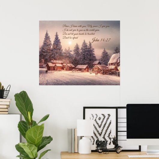 Poster Forêt de maison d'hiver - Jean 14:27 Bible Verse (Bureau à domicile)