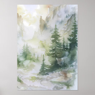 Poster Forêt de montagne embrumée à l'aquarelle