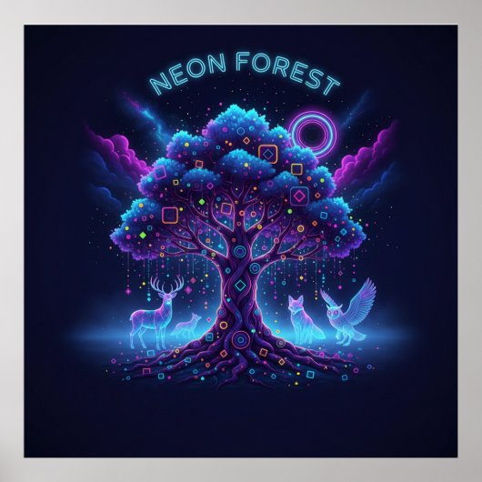 Poster Forêt de néon - Arbre brillant et animaux lumineux (Devant)