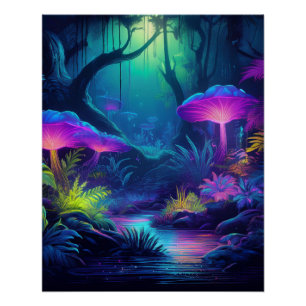 Poster Forêt de néon avec champignons et Plantes