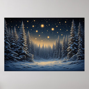Poster Forêt de pins enneigée sous un ciel nocturne étoil