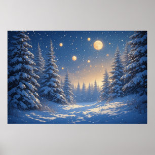 Poster Forêt de pins enneigée sous un ciel nocturne étoil
