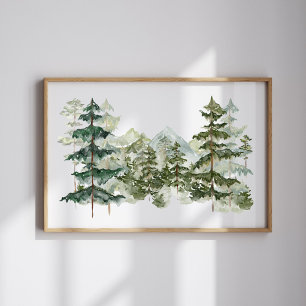 Poster Forêt de pins et montagne à l'aquarelle esthétique