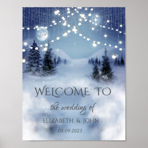 Poster Forêt de pins, mariage aux guirlandes lumineuses  