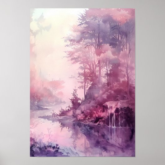 Poster Forêt de rêve à l'aquarelle dans des tons roses (Devant)