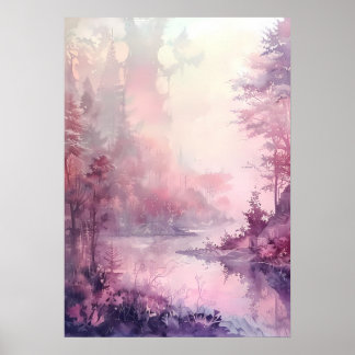 Poster Forêt de rêve à l'aquarelle dans des tons roses