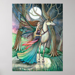 Poster Forêt de rêves fée et licorne fantaisie art
