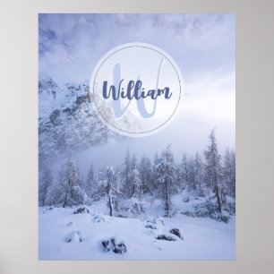 Poster Forêt de sapins brumeuse pays merveilleux d'hiver