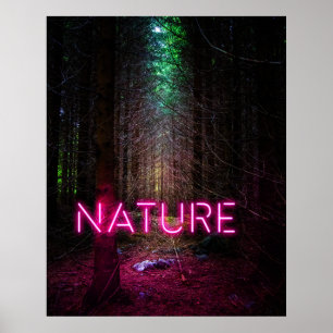 Poster Forêt de sapins mystérieuse néon magenta nature