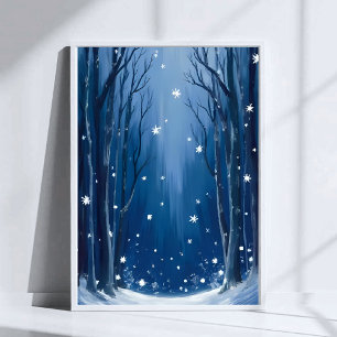 Poster Forêt d'hiver bleue enneigée Peinture à l'aquarell