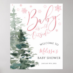 Poster Forêt d'hiver rose Il fait froid dehors Baby showe
