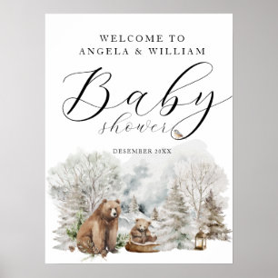 Poster Forêt d'hiver Woodland Baby shower rustique Bienve