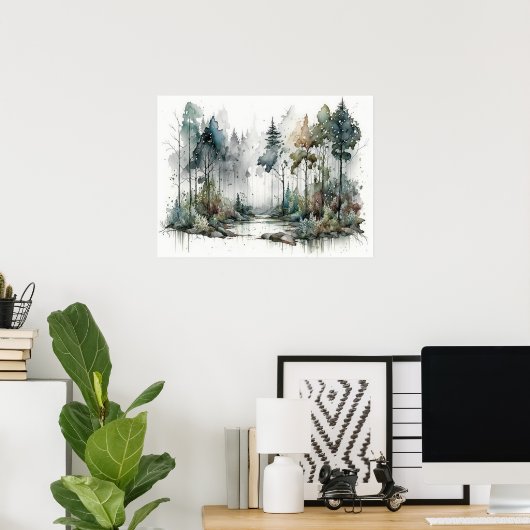 Poster Forêt en Aquarelle de pluie douce (Bureau à domicile)