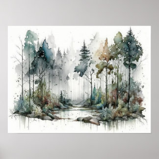 Poster Forêt en Aquarelle de pluie douce