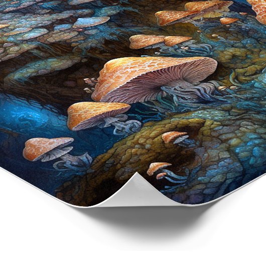 Poster Forêt enchantée Champignons Château Imaginaire Art (Coin)