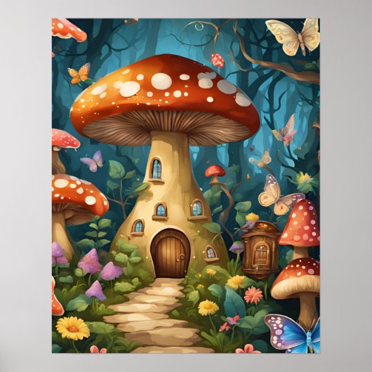 Poster Forêt enchantée de papillon de champignons (Devant)
