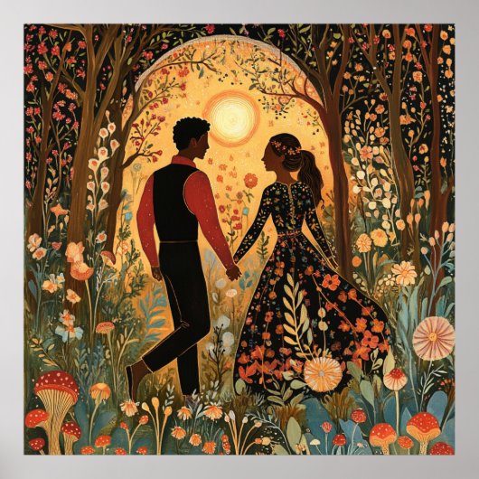 Poster Forêt Enchantée Joyeux Couple Matin Art Nouveau (Devant)
