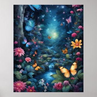 Poster Forêt enchantée Magie BLEUE papillons fleurs