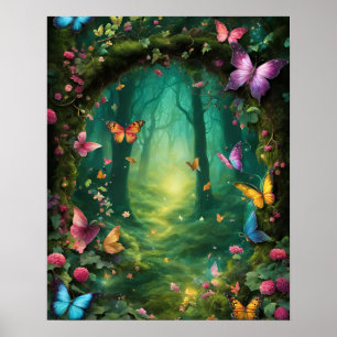 Poster Forêt enchantée Magie des papillons VERTS fleurs