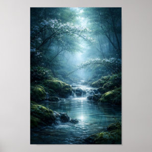 Poster Forêt Enchantée Rivière Sous Clair de Lune Art