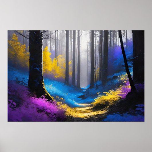 Poster Forêt foncée enchantée bleu jaune et violet (Devant)
