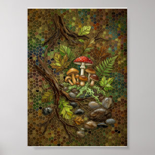 Poster Forêt Magique Champignons Bois Nature Mousses Flee