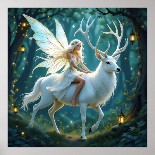 Poster Forêt Magique de la Fée et du Cerf Blanc (Devant)
