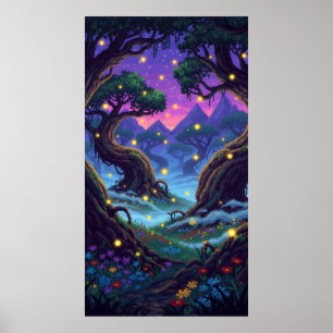 Poster Forêt magique Pixel avec lucioles clignotantes