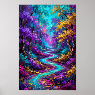 Poster Forêt Magique Rivière Turquoise - Couleur Or Viole