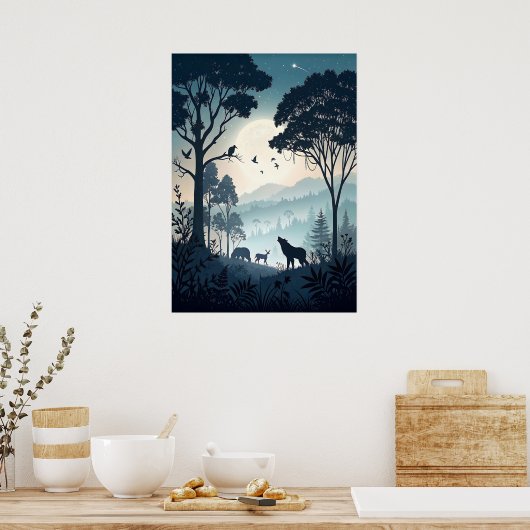 Poster Forêt nocturne mystique avec faune silhouettée (Cuisine)