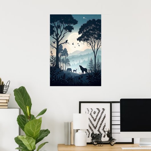 Poster Forêt nocturne mystique avec faune silhouettée (Bureau à domicile)