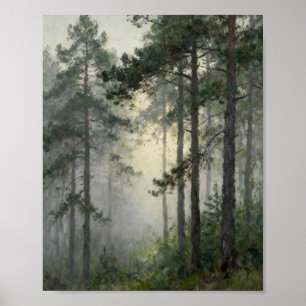 Poster forêt, pins, brume, brouillard, paysage, peinture