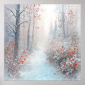 Poster Forêt rouge et enneigée - Art de style impressionn (Devant)
