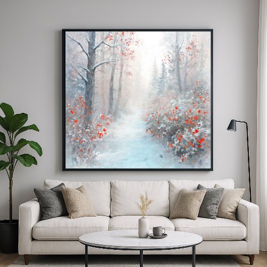 Poster Forêt rouge et enneigée - Art de style impressionn