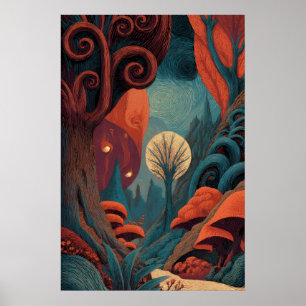 Poster Forêt Rouge Turquoise Fantastique au Tourbillon Fa