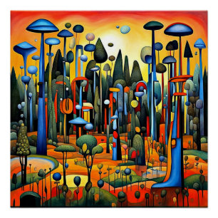 Poster Forêt surréaliste au coucher du soleil