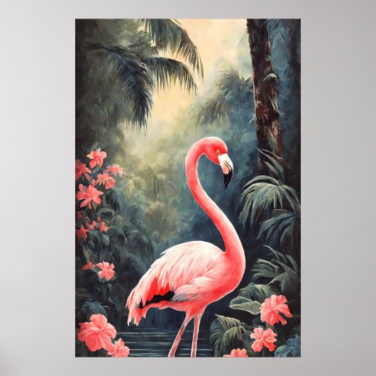 Poster Forêt tropicale Flamant rose rose Vintage (Devant)