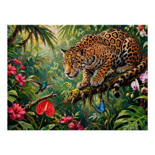 Poster Forêt tropicale Jaguar Colibris Papillons Fleurs