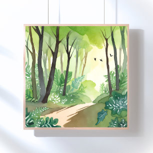 Poster Forêt verte florissante Aquarelle de nature