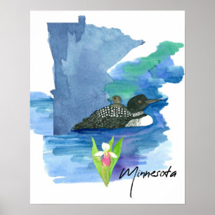Poster Forme de l'État du Minnesota Loon Femme Fleur de L