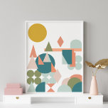 Poster Formes Abstraites Paysage bleu vert géométrique<br><div class="desc">Un motif ludique de formes géométriques formant un paysage abstrait dans une palette de couleurs douces et feutrées,  turquoises,  moutarde,  corail,  broussailles et mousse.</div>