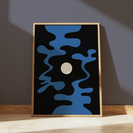 Poster Formes Lune Abstraites Bleu Noir Mur Moderne