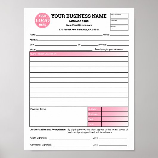 Poster Formulaires de proposition de devis estimatif rose (Devant)