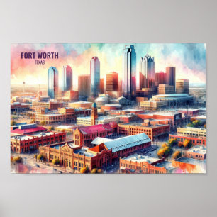 Poster Fort Worth Texas Famous Travel Places aquarelle