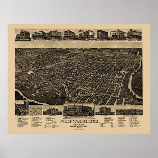 Poster Fort Worth, TX Carte panoramique - 1886 (Devant)