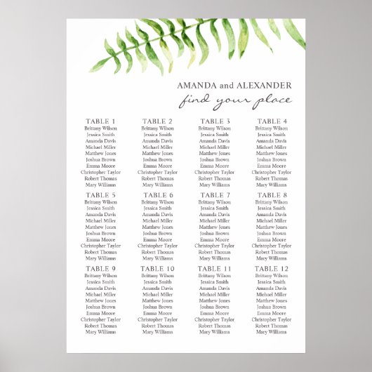 Poster Fougère à l'aquarelle. Plan de table de mariage ve (Devant)