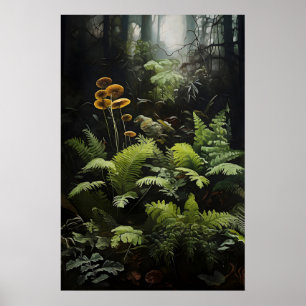 Poster Fougère de forêt profonde et champignons, boisée l